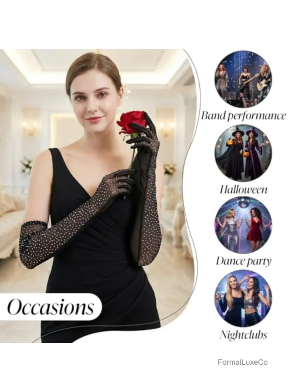 Rhinestone Long Gloves, Shiny Chiffon Elbow Gloves for Weddings, Dances, Parties
